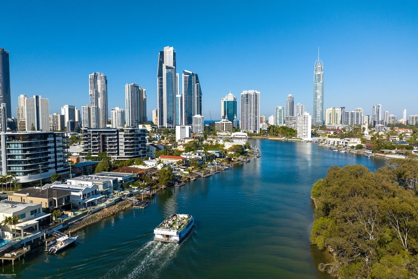 drone view of vessel and Surfers Paradise