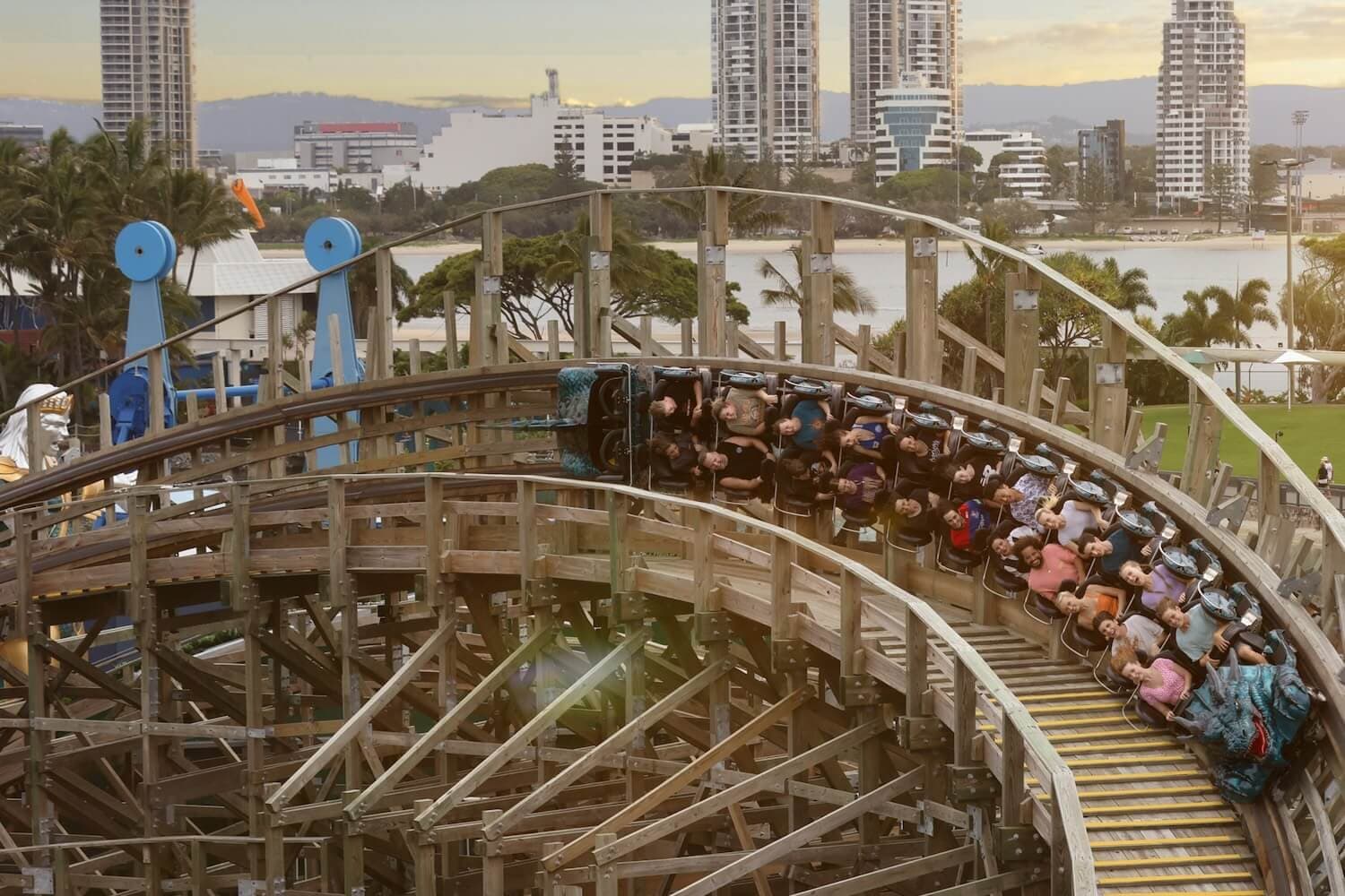 Sea World roller coaster with the Gold Coast skyline in the background